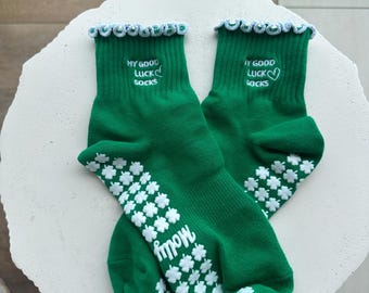 My Good Luck Socks! Green ruffle non slip grip socks for Pilates, Lagree, yoga or barre