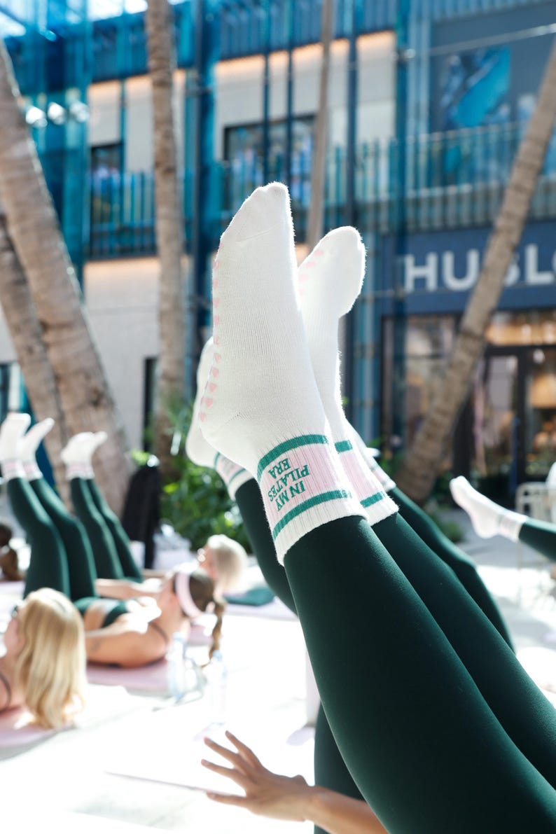 In my Pilates retro pink and green cream non slip grip sock with heart grips for Pilates, barre, yoga or lagree image 2