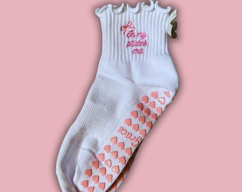 In my Pilates era white ruffle non slip grip sock with white bow and pink heart grips