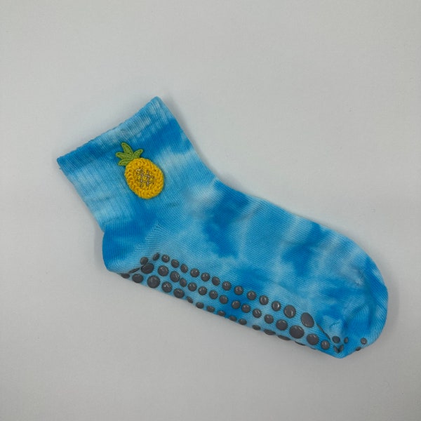 Blue Tye Dye Grip Socks: Tropical Pineapple Edition, used for Pilates, yoga, Lagree, barre or dance.