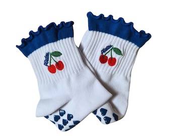 Pilates cherry dark blue ruffle non slip grip sock with heart grips for Pilates, barre, yoga or lagree