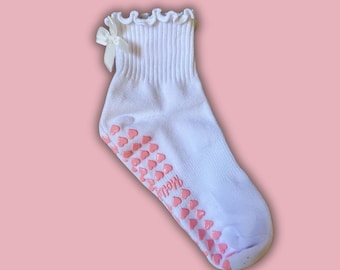 White ruffle bow grip socks with pink heart grips for Pilates, Barre, Yoga or lagree