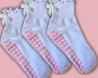 PACK of 3 white ruffle and white bow non slip grip socks with pink heart grips for Pilates, barre, yoga & lagree