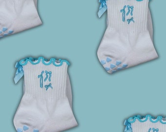 Light blue coquette non slip grip sock for Pilates, yoga, Lagree or barre