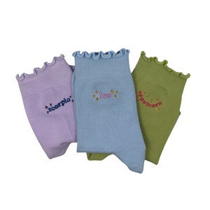 Embroidered custom horoscope grip socks for Pilates, barre, yoga, Lagree or dance