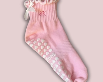 Ballet pink ruffle bow custom embroidered initial non slip grip socks for Pilates, Yoga, Lagree or Barre with white heart grips