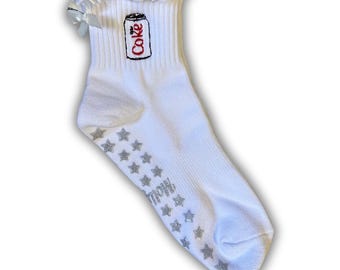 Diet coke themed non slip grip sock with silver star glitter grips and white bow for Pilates, yoga, barre or Lagree