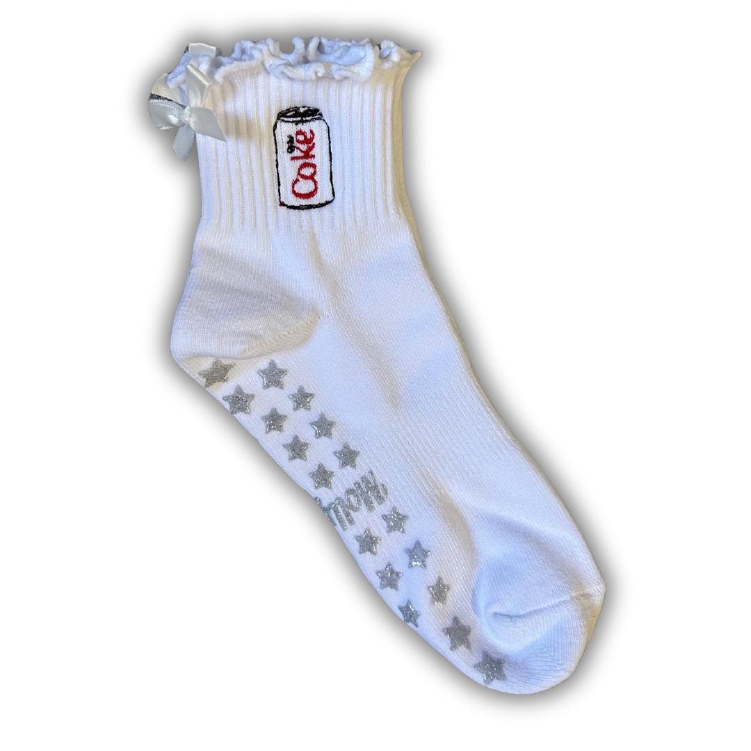 Diet coke themed non slip grip sock with silver star glitter grips and white bow for Pilates, yoga, barre or Lagree