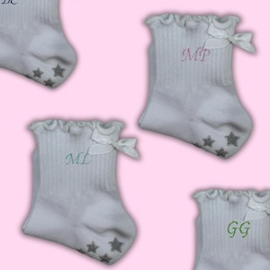 Custom embroidered initials white ruffle bow non slip grip socks with glitter star grip for Pilates, Barre, Yoga or Lagree