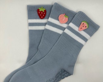 Pack of 3 blue non slip grip socks- strawberry, peach & watermelon design
