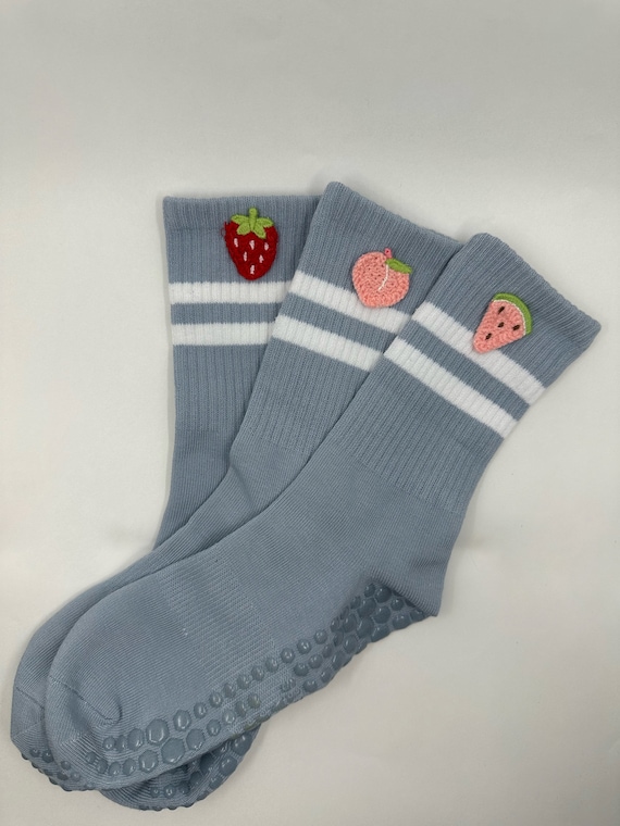 Pack of 3 Blue Non Slip Grip Socks Strawberry, Peach & Watermelon