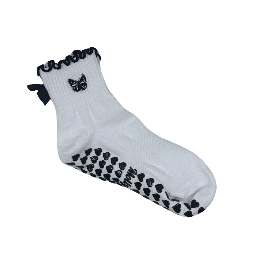 Black & White Bow Butterfly Grip Sock With Heart Grips for Pilates