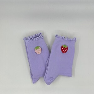Pack of 2 purple strawberry grip socks for Pilates, Barre, Lagree, yoga or dance.