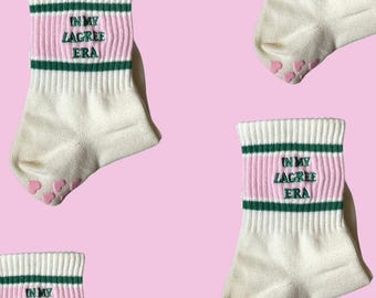 In my Lagree era non slip retro pink & green grip sock with pink heart grips