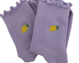Purple lemon embordered grip socks for Pilates, yoga, barre or Lagree