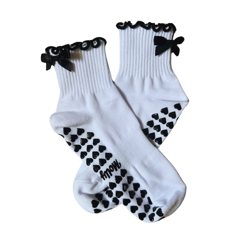 Black & White Bow Grip Socks With Heart Grips for Pilates, Yoga, Barre