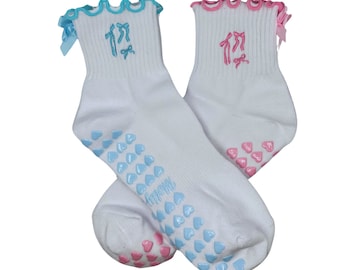 2 pack of the Pink & light blue bow non slip grip sock with heart grips for Pilates, yoga, barre or Lagree