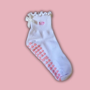 Custom embroidered initial white ruffle grip sock with pink heart grips for pilates, yoga, barre or lagree