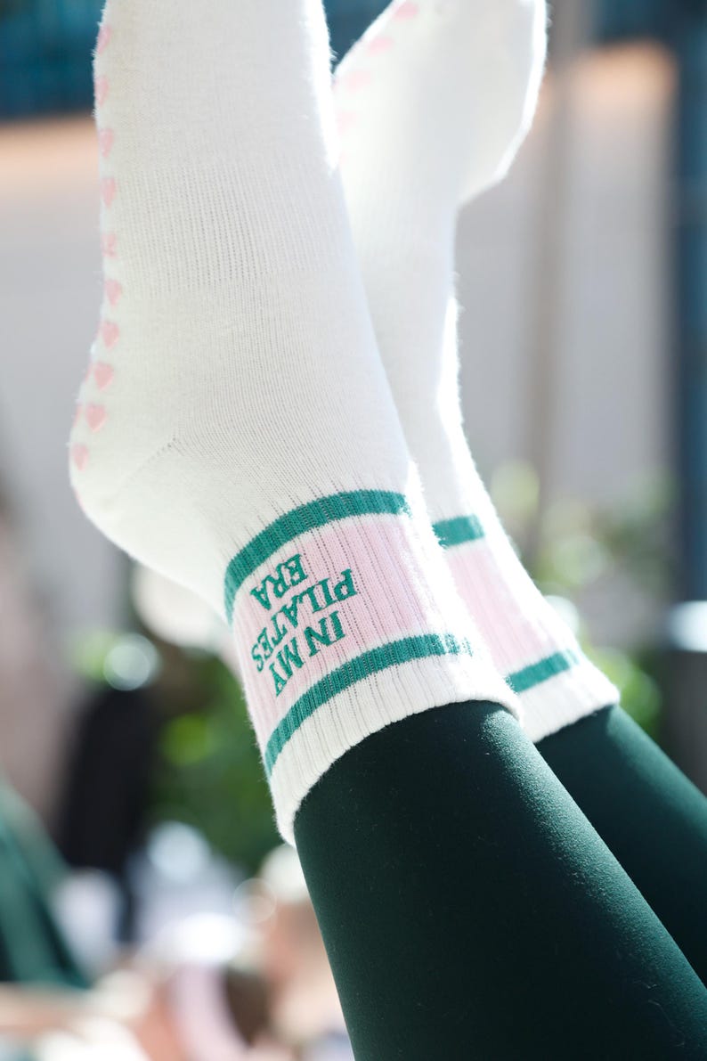 In my Pilates retro pink and green cream non slip grip sock with heart grips for Pilates, barre, yoga or lagree image 3