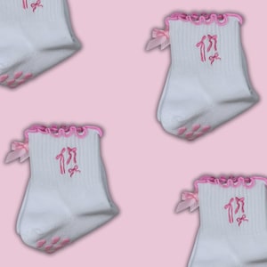 Pink Coquette bow grip socks with heart grips for Pilates, Barre, Yoga or lagree