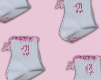 Calcetines antideslizantes con lazo Pink Coquette y agarre en forma de corazón para Pilates, Barra, Yoga o gimnasio.