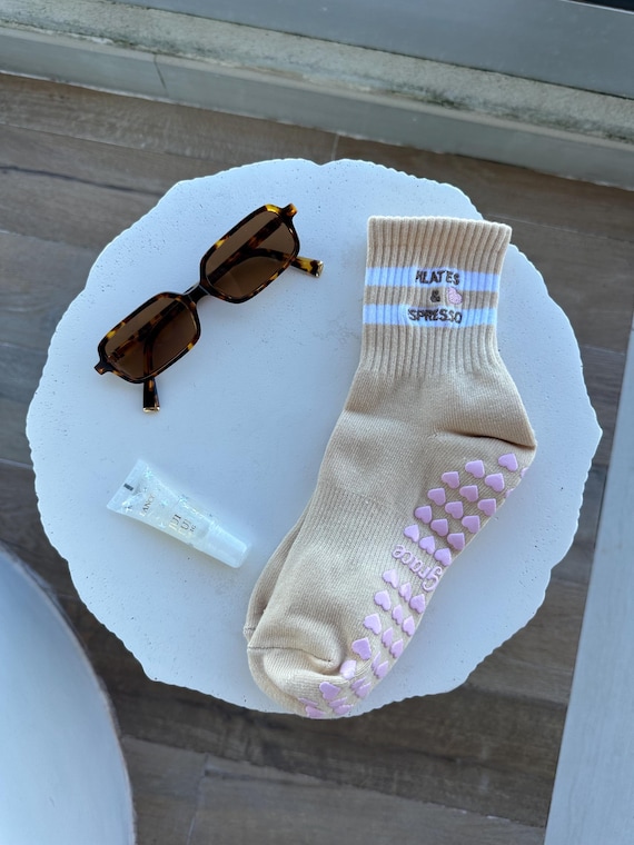 PILATES ESPRESSO Tan Non Slip Grip Sock With Pink Hearts Grips