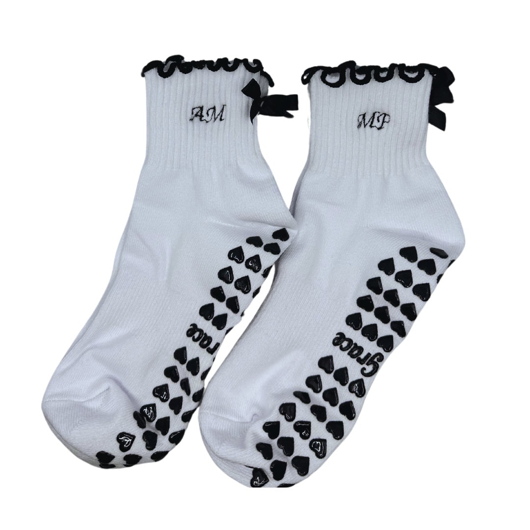 Custom Initial Black and White Grip Socks With Bow and Heart Grips