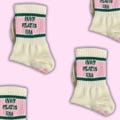 In my Pilates retro pink and green cream non slip grip sock with heart grips for Pilates, barre, yoga or lagree