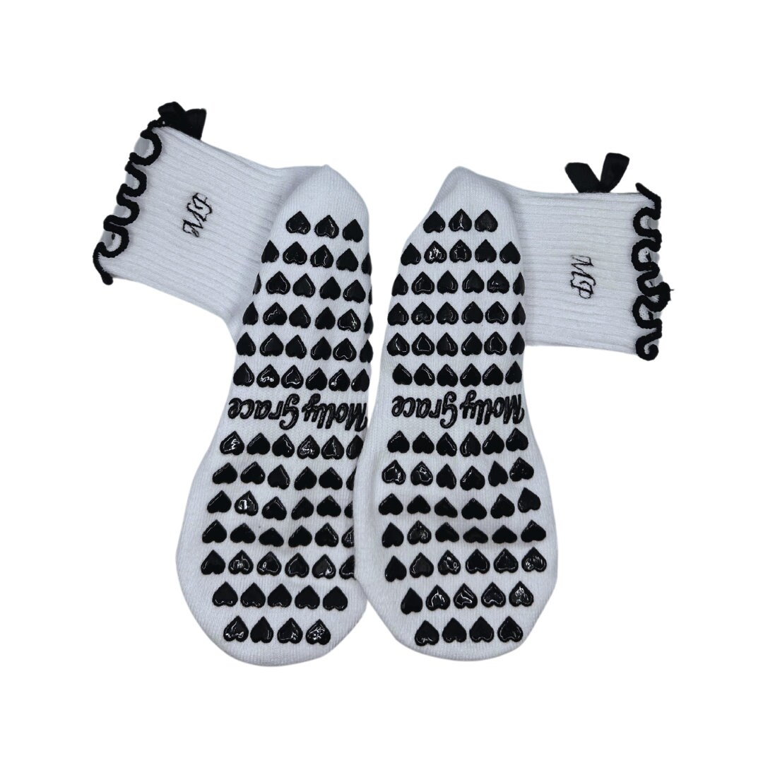 Custom Initial Black and White Grip Socks With Bow and Heart Grips