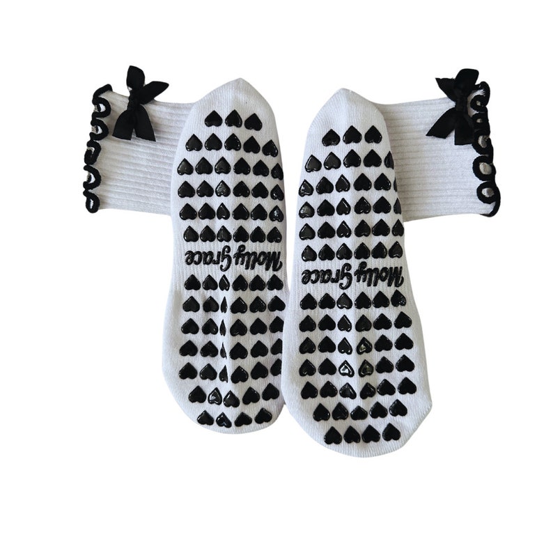 Black & White Bow Grip Socks With Heart Grips for Pilates, Yoga, Barre