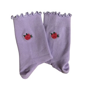 Custom embroidered purple rose non slip grip socks for Pilates, Barre, Yoga or Lagree