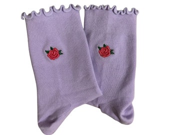 Custom embroidered purple rose non slip grip socks for Pilates, Barre, Yoga or Lagree