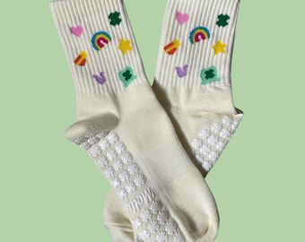 In my lucky era Lucky charms non slip grip sock with white four leaf clover grips for Pilates, barre, yoga and lagree
