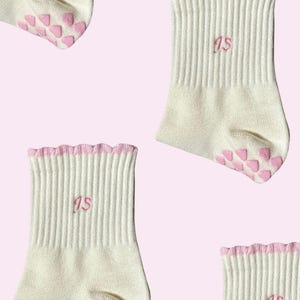 Custom embroidered initial non slip grip socks with pink heart grips for Pilates, Barre, Yoga or lagree