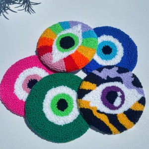 Punch Needle Coaster, Handmade Coaster, Tufted Coaster, Evil Eye Coaster, Drink Coaster, Housewarming Gift