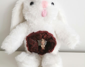 Gory Bunny Teddy Bear - Upcycled Horror collectors item - Unique Halloween Decor - One-of-a-Kind Creepy Horror Rabbit Teddy Bear
