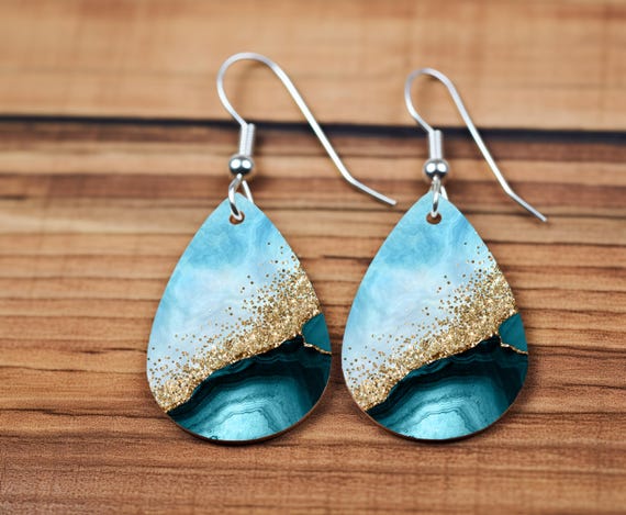 Elegant Teardrop Earrings With Blue and Gold Marble Design