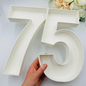 May include: A large, white, three-dimensional number 75 display box with deep, open-top compartments. The structure is crafted from smooth, matte white material, designed to be filled with decorative items like flowers or small treats.