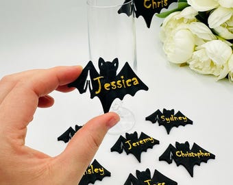 10 bat drink tags Halloween party decorations Black glass toppers Bat glass charms Halloween wine tags for guests drink markers Black decors
