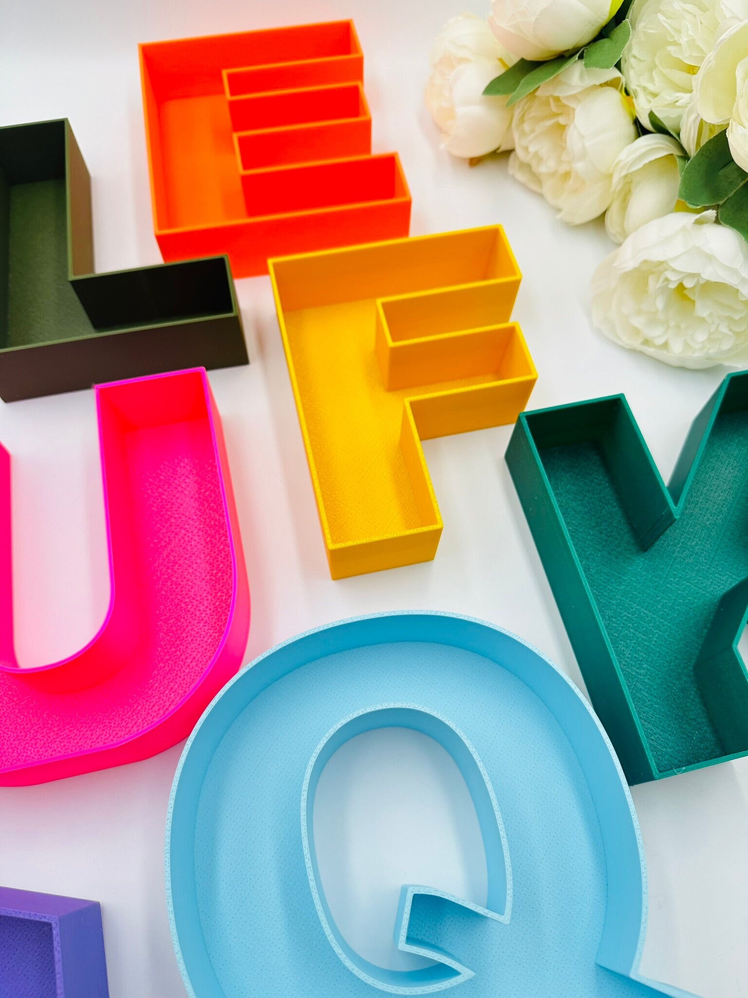 6pcs Fillable letter tray 6,5" box Birthday decorations Empty pompom letters baby shower desert dish Baby name Hollow freestanding letters