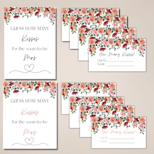 Raten Sie, wie viele Küsse für die baldige Frau, Blumen-Brautparty-Spiel, druckbares Braut-Süßigkeiten-Spiel, rosa Braut-Brunch-Zeichen