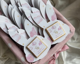 Baby Birthday Party Favor, Thank You Card with Chocolate, Baptism Favors, Baby Shower Favors, Birthday Favors, Rabbit Favors, Birth Gift