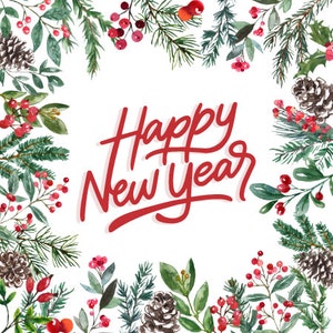 K&ouml;nnte beinhalten: Eine Aquarell-Illustration einer Weihnachtskarte mit einem roten und wei&szlig;en floralen Rand und dem Text "Happy New Year".