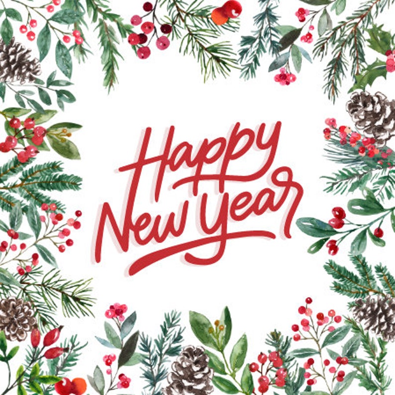 K&ouml;nnte beinhalten: Eine Aquarell-Illustration einer Weihnachtskarte mit einem roten und wei&szlig;en floralen Rand und dem Text "Happy New Year".