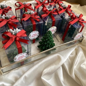 K&ouml;nnte beinhalten: Ein Tablett mit kleinen, durchsichtigen Glasboxen, gef&uuml;llt mit gr&uuml;nen, tannenbaumf&ouml;rmigen Kerzen. Jede Box ist mit einem roten Band und einem kleinen silbernen Ornament gebunden. Die Boxen haben einen runden Aufkleber mit der Aufschrift "Frohe Weihnachten".