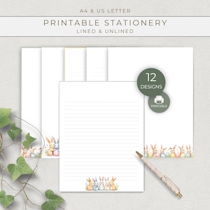 Easter Bunny Printable Writing Paper, Lined and Unlined Set for Spring Snail Mail and Gifting