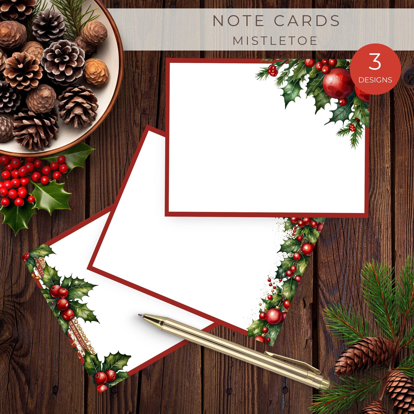 Printable Mistletoe Christmas Note Cards: Holiday Stationery (digital ...