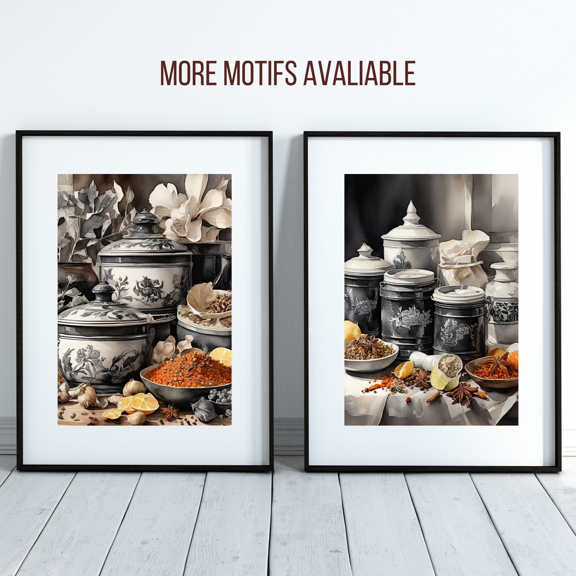 Kitchen Decor, Black and White Kitchen Pots Wall Art Print