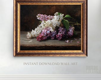 Lilac Floral Painting, Vintage Oil Style Botanical Print for Cottagecore Home Decor, ART011