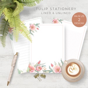 Juego de papeles para escribir con tulipanes, papelería floral, papel imprimible, con y sin rayas, descarga digital, cartas para correo postal